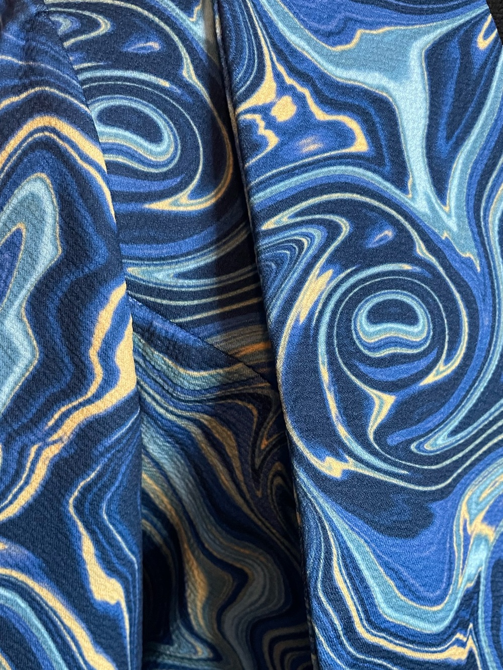 Blue Marble Watercolor Paint Swirl Print Open Front Blazer Jacket drape & flare